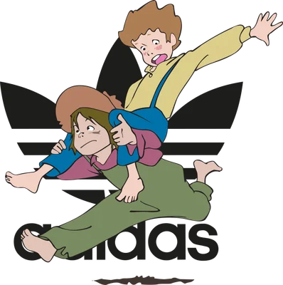 Hai nhân vật hoạt hình, một người cõng người kia, trên nền logo Adidas màu đen.