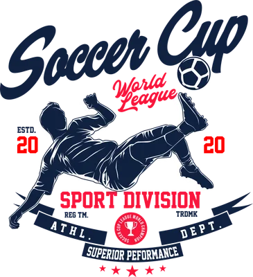 Hình in cầu thủ bóng đá đang sút bóng, với chữ Soccer Cup World League và các chi tiết thể thao màu xanh, đỏ, trắng.