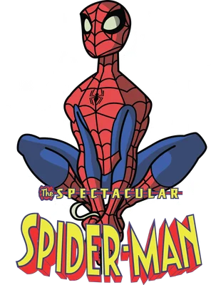 Hình ảnh Spider-Man ngồi tạo dáng trên mạng nhện trắng, với chữ "The Spectacular Spider-Man" bên dưới.