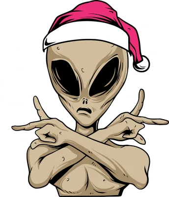Hình minh họa người ngoài hành tinh đội mũ Noel màu hồng với dòng chữ Marry Xmas