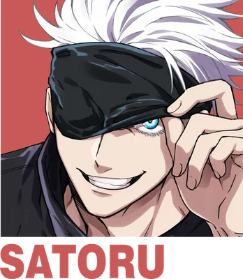 Hình ảnh Satoru Gojo, nhân vật anime với mái tóc trắng, đeo băng đen che mắt, hé lộ đôi mắt xanh sắc sảo và nụ cười nhếch mép.