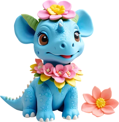 Hình ảnh một chú khủng long con màu xanh dương đáng yêu, đội vòng hoa hồng và hoa vàng trên đầu và cổ, với nền xám đơn sắc.