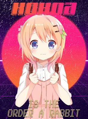 Hình ảnh cô gái anime tóc vàng, mắt xanh, mặc váy hồng, với nền retro synthwave và chữ 'KOHO' cùng 'IS THE ORDER A RABBIT'