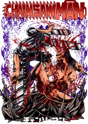 Hình ảnh Chainsaw Man chiến đấu với quỷ, đầy máu me và bạo lực, phong cách anime.