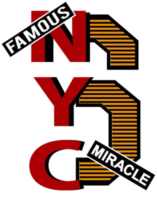 Thiết kế đồ họa chữ NYC lớn màu đỏ và đen, với các từ New York, Brooklyn, Famous, Miracle trên nền xám.