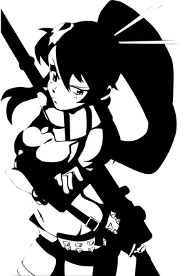 Hình vẽ cô gái anime tóc đuôi ngựa cầm súng, phong cách đen trắng mạnh mẽ.