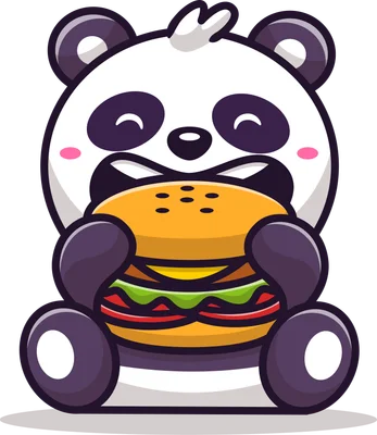 Hình ảnh minh họa gấu trúc hoạt hình dễ thương đang ăn một chiếc burger lớn.
