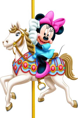 Minnie Mouse hoạt hình mặc váy xanh, nơ hồng, đang cưỡi ngựa gỗ trắng trang trí sặc sỡ trên vòng quay ngựa kéo.