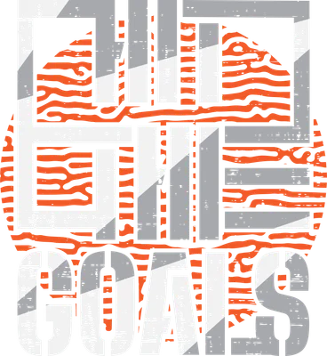 Thiết kế đồ họa chữ THE GOALS màu trắng, cam và xám với hiệu ứng grunge, phong cách mạnh mẽ, hiện đại.