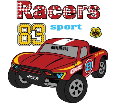 Hình ảnh minh họa xe bán tải off-road màu đỏ với chữ "Racers" và số "83" phía trên, phong cách thể thao.