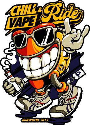 Hình vẽ nhân vật hoạt hình "Chill & Vape" đội kính râm, cầm vape, giơ ngón tay rock and roll, đi giày thể thao, trên nền xám.