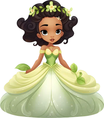 Hình ảnh công chúa Tiana chibi với váy xanh lá cây và vương miện hoa, nền xám.