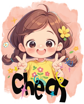 Hình ảnh hoạt hình cô bé tóc nâu tết hai bím, mặc áo vàng in hình hoa, giơ hai ngón tay chữ V, biểu cảm vui vẻ.