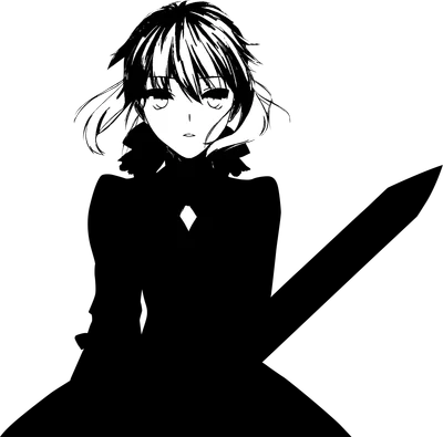Hình ảnh minh họa nữ chiến binh anime với mái tóc trắng, cầm một thanh kiếm lớn, phong cách đồ họa đen trắng.