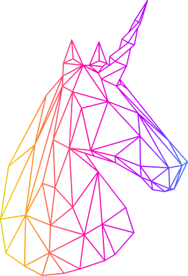 Hình ảnh kỳ lân với các cạnh hình học và hiệu ứng màu cầu vồng gradient trên nền xám.