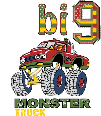 Hình ảnh minh họa xe tải quái vật màu đỏ với bánh xe khổng lồ, chữ "Big 9" và "Monster Truck" nổi bật.