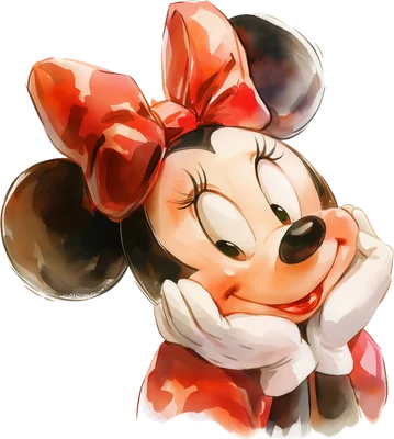Hình ảnh Minnie Mouse đáng yêu với nơ đỏ, phong cách vẽ màu nước trên nền xám.