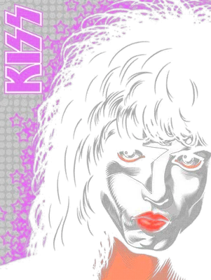 Hình vẽ chân dung rocker KISS với lớp trang điểm đặc trưng, đôi môi đỏ nổi bật và mái tóc xù.