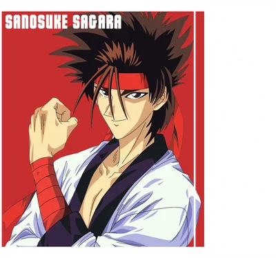 Hình vẽ nhân vật anime Sanosuke Sagara với mái tóc nhọn, băng đô đỏ và áo trắng
