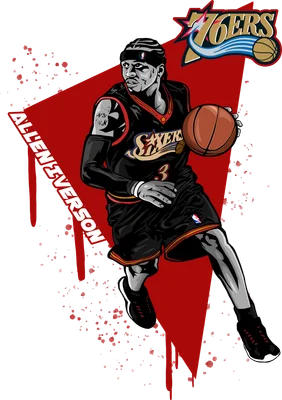 Hình vẽ hoạt hình Allen Iverson đang dribbling bóng rổ, mặc áo số 3 của đội 76ers.