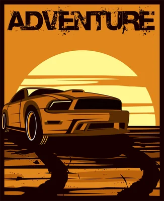 Hình minh họa xe thể thao màu cam với chữ "ADVENTURE" phía trên, trên nền sa mạc lúc hoàng hôn.