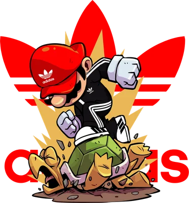 Hình vẽ nhân vật Mario mặc trang phục Adidas, đội mũ đỏ, đang đấm một con Koopa Troopa.