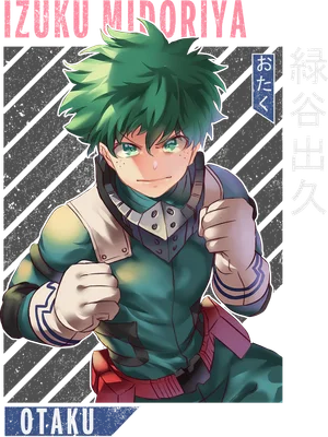 Hình ảnh Izuku Midoriya, nhân vật anime với mái tóc xanh lá, mắt xanh lá, đang trong tư thế sẵn sàng chiến đấu.