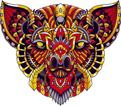 Hình ảnh mặt lợn rừng với họa tiết mandala phức tạp, màu đỏ và vàng chủ đạo.