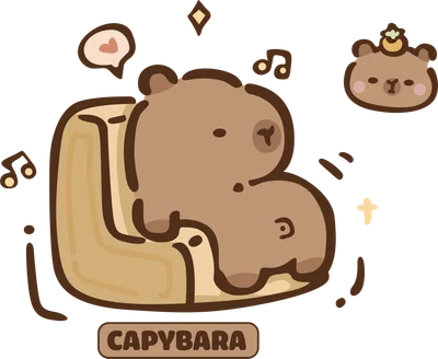 Hình vẽ Capybara chibi màu nâu đáng yêu nằm thư giãn trên ghế, có nốt nhạc và trái tim, kèm chữ "CAPYBARA".