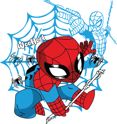 Hình ảnh hoạt hình chibi Spider-Man đang tung lưới, có nhện nhỏ và dòng chữ 'WooHool'.