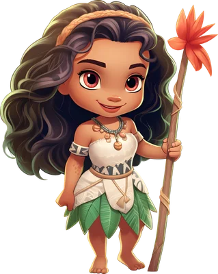 Hình minh họa cô bé Moana phiên bản chibi dễ thương, tóc xoăn, mặc váy lá xanh, cầm gậy hoa cam, nền xám.