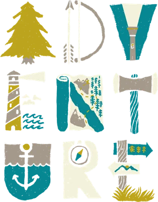 Thiết kế typography chữ Adventure với các biểu tượng du lịch khám phá thiên nhiên
