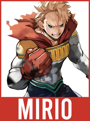 Mirio Togata, nhân vật anime với mái tóc vàng, mắt xanh, mặc trang phục anh hùng màu trắng, đỏ, vàng, nắm chặt tay.