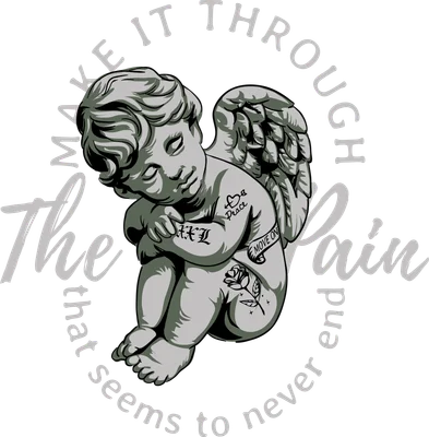 Hình vẽ thiên thần cherub ngồi ôm gối, có cánh và hình xăm, xung quanh là dòng chữ 'Make it through the pain'.