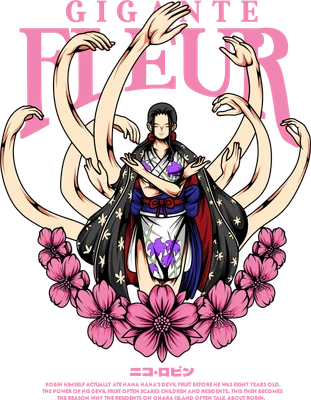 Hình ảnh Nico Robin với nhiều cánh tay vươn ra, bao quanh bởi hoa anh đào hồng, phong cách anime.