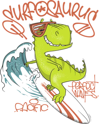 Hình ảnh khủng long hoạt hình màu xanh lá cây đeo kính râm lướt sóng trên ván, có chữ 'SURFOOSAURUS'.