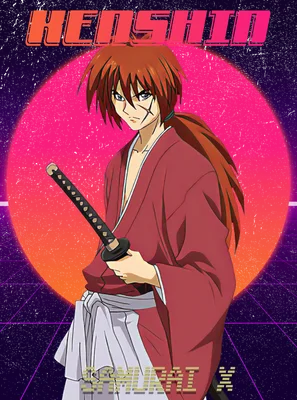 Hình ảnh Kenshin Himura từ Samurai X với thanh kiếm, nền retro neon