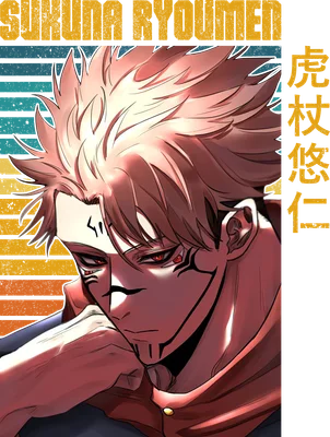 Hình vẽ nhân vật Ryomen Sukuna từ anime, với ánh mắt sắc lạnh và biểu cảm bí ẩn, có chữ "SUKUNA RYOMEN" và chữ Hán.