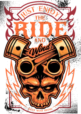 Hình ảnh đầu lâu đội kính phi công, phía sau là hai piston động cơ, với dòng chữ 'Just Enjoy The Ride' và 'Wind'.