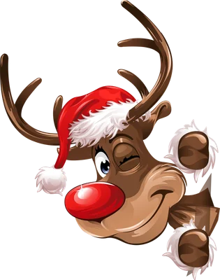 Hình ảnh tuần lộc hoạt hình đội mũ ông già Noel, mũi đỏ, nháy mắt, đang ló đầu ra.