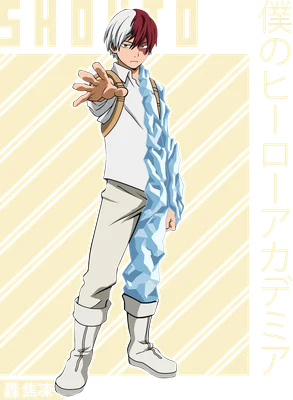 Nhân vật Shoto Todoroki từ anime Boku no Hero Academia với một nửa cơ thể băng giá và một nửa bình thường, giơ tay về phía trước.