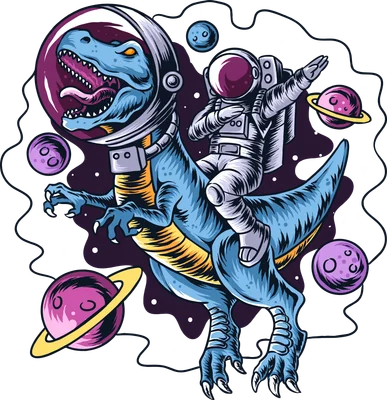 Hình minh họa khủng long T-Rex đội mũ phi hành gia cưỡi trên lưng phi hành gia trong không gian đầy hành tinh