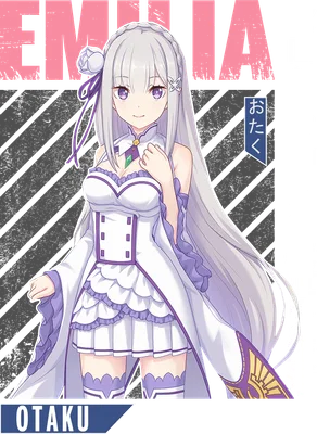 Hình ảnh Emilia từ anime Re:Zero, tóc bạch kim, mắt tím, mặc váy trắng tím, phong cách chibi.