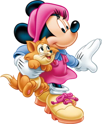 Minnie Mouse hoạt hình mặc áo hồng, áo khoác xanh, đội mũ hồng, ôm mèo con màu cam dễ thương.
