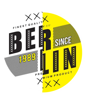 Thiết kế logo tròn Berlin split-tone vàng và trắng, chữ đen, họa tiết sọc và chữ X, phong cách streetwear.