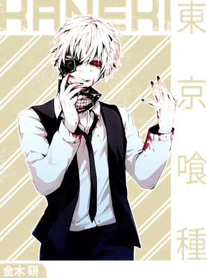 Nhân vật Kaneki Ken trong Tokyo Ghoul với mái tóc trắng, đeo mặt nạ, đôi mắt đỏ và vết máu.