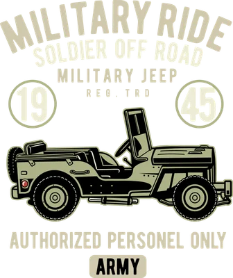 Hình minh họa xe jeep quân sự màu xanh rêu với các dòng chữ 'Military Ride', 'Soldier Off Road', 'Army' trên nền xám.