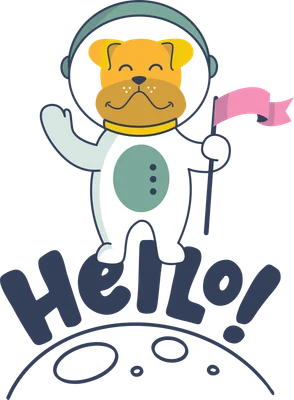 Hình vẽ chú chó đội mũ phi hành gia, cầm cờ hồng, đứng trên mặt trăng với chữ 'Hello!'