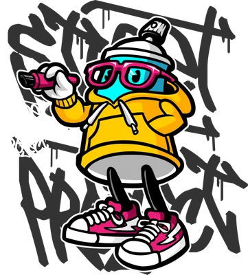 Nhân vật hoạt hình bình xịt sơn graffiti đeo kính râm mặc áo hoodie vàng và giày sneaker hồng