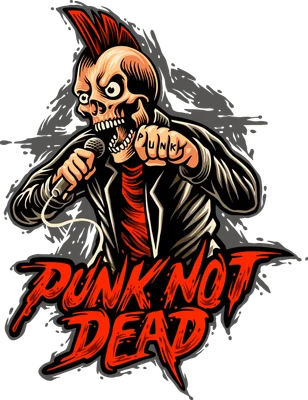 Hình minh họa đầu lâu phong cách punk rock đang cầm micro với dòng chữ Punk Not Dead